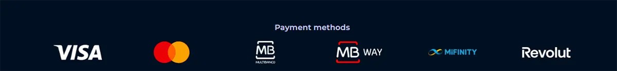 Payment methods section showing Visa, Mastercard, Multibanco, MB Way, MiFinity, and Revolut on a dark blue background with the heading “Payment methods.”