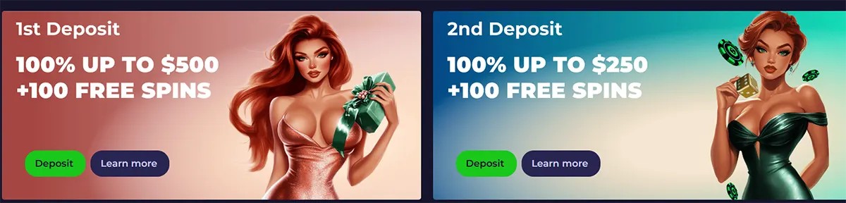 Casino deposit bonus banners featuring first and second deposit offers with 100% match bonuses and free spins, illustrated with glamorous red-haired female characters and green “Deposit” buttons.