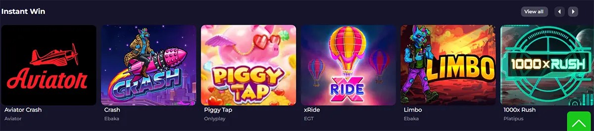 Instant win games section featuring Aviator Crash, Crash, Piggy Tap, xRide, Limbo, and 1000x Rush, with a “View all” button on a dark casino interface.