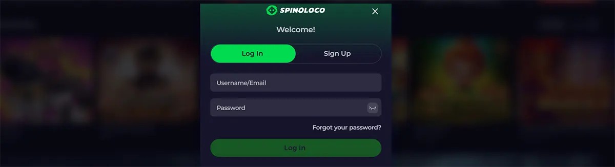 Spinoloco login popup with log in and sign up tabs, username or email and password fields, forgot password link, and a green log in button on a dark blurred casino background.